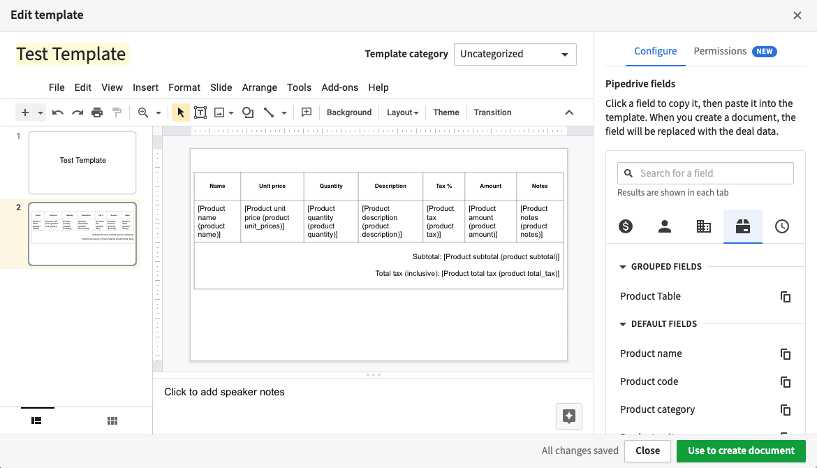 product table slides