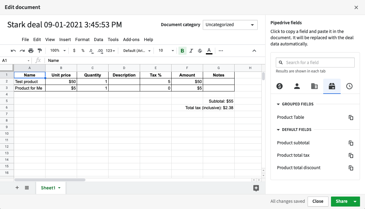 producttabel spreadsheets