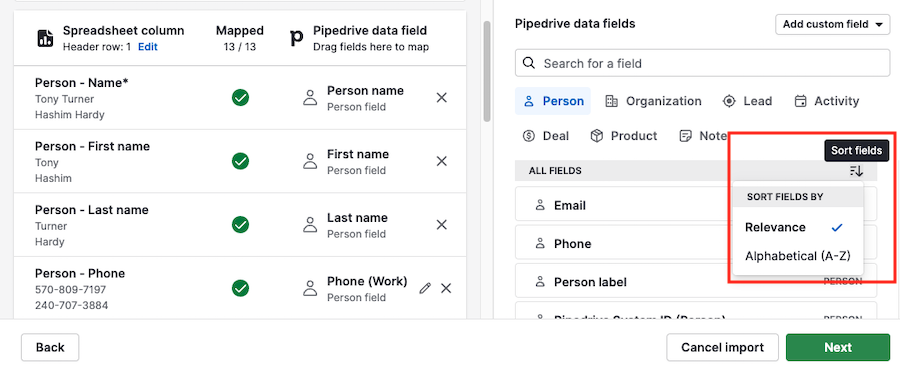 Sort fields option