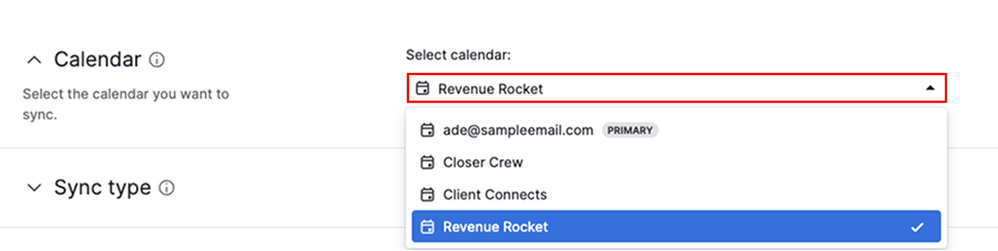 Calendar selection in sync settings